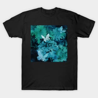 Butterflies and Hydrangeas Negative Painting Green T-Shirt